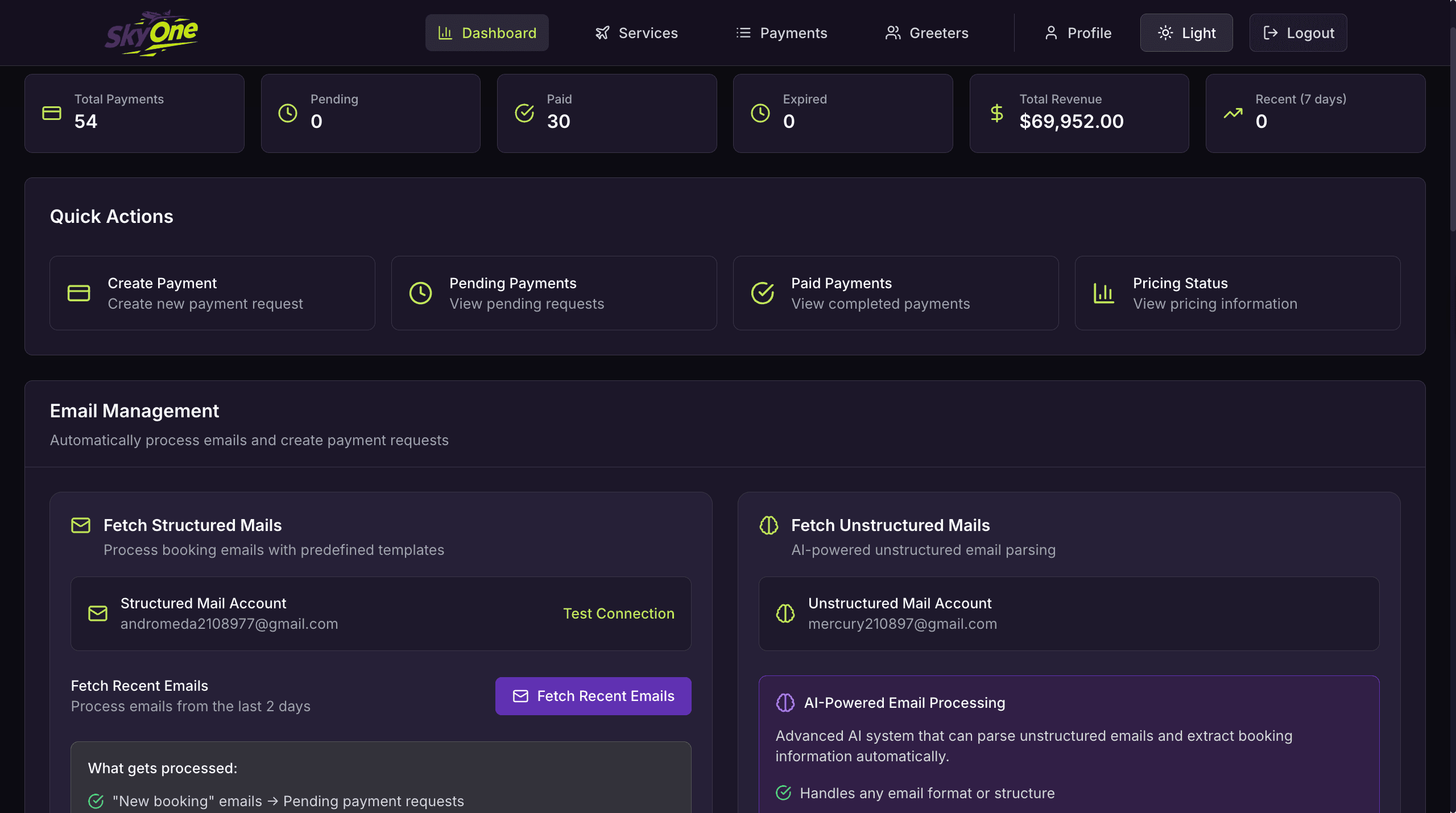 Skyone VIP Services — dashboard preview